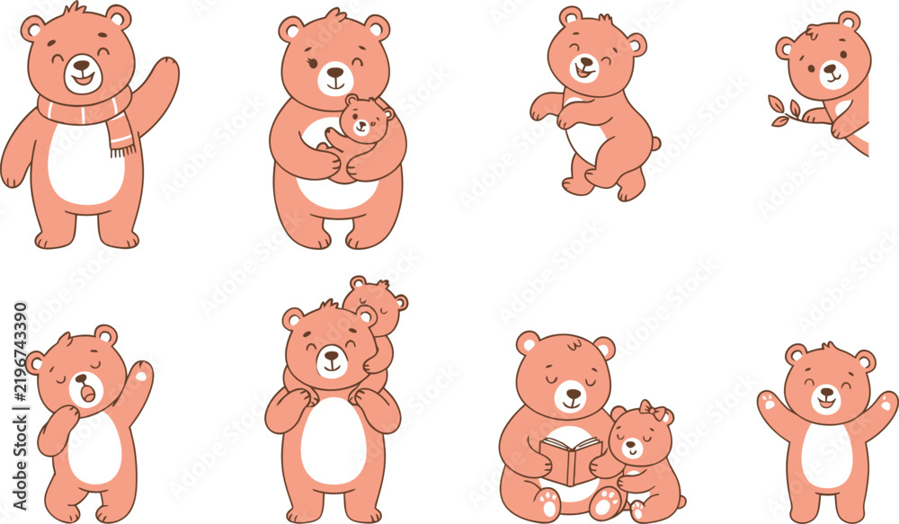 Fototapeta premium Cute bear family collection, set of cartoon bears waving, hugging, reading, and playing in soft pastel pink colors
