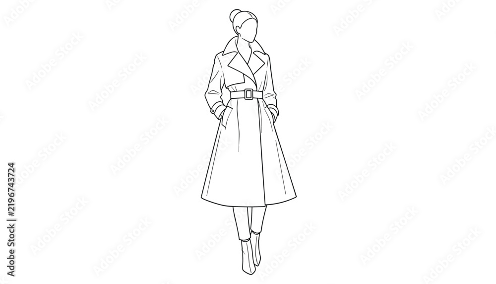 Fototapeta premium Fashion illustration of a woman wearing an elegant long belted trench coat and boots in a minimalist line art style.
