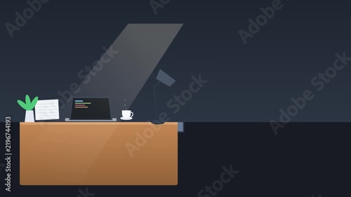 2D Vector Dark Workspace Desk with Laptop and Coffee