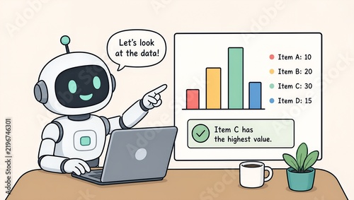 AI Robot Working on Laptop at Office Desk with Computer, Business Data, Charts and Technology Flat Illustration for Web, Work and Infographic Design