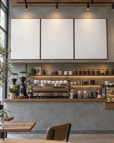 Modern Industrial Cafe Interior with Three Blank White Menu Boards Espresso Machine Coffee Grinders Pour Over Drippers and Display Case