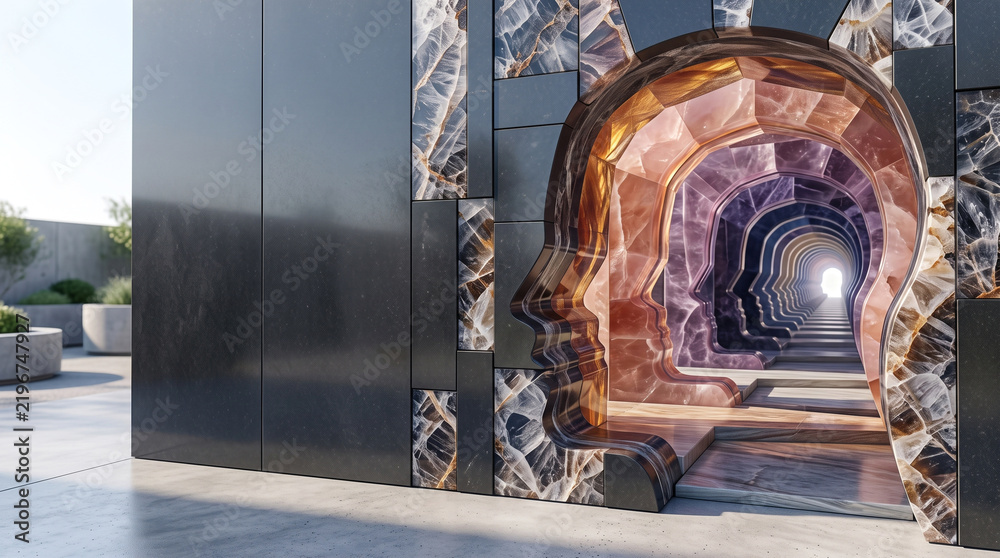 Fototapeta premium Abstract 3D architectural interior with an infinite human head profile tunnel, concept of psychology consciousness, Surreal modern art installation featuring repeating face silhouettes leading.