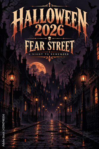 Spooky Halloween night street with glowing lanterns, full moon, and gothic architecture silhouette