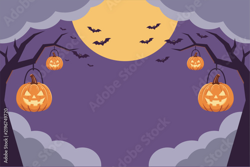 Halloween background with hanging pumpkin lanterns, full moon, bats, and trees in flat 2D style. Vector illustration for spooky scene.