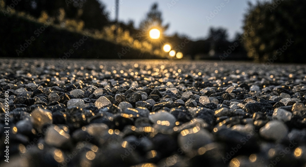 Fototapeta premium Glistening Pebbles Reflecting Twilight Lights Macro View