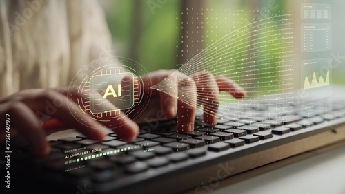 Hands type on a keyboard. An AI computing system joins processor activity and data transmission, with signal measurements and event queues describing the flow of information