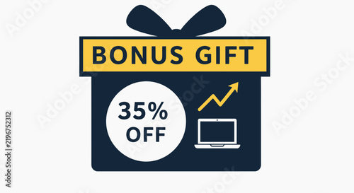 Promotional gift box discount graphic with rising arrow and laptop icon