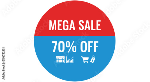 Promotional mega sale badge with discount percentage and shopping icons