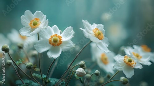 White spring flowers blooming in a green meadow under soft light