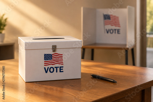 Ballot box and pen on entryway table with voting booth behind, election and civic duty concept