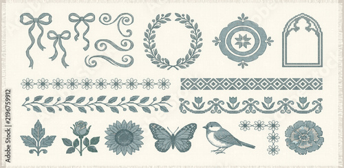 Cross stitch. Embroidery elements. Trendy vintage lace stitched ornate frames, floral borders, coquette bow, handcrafted flower for poster, card design. Vector set