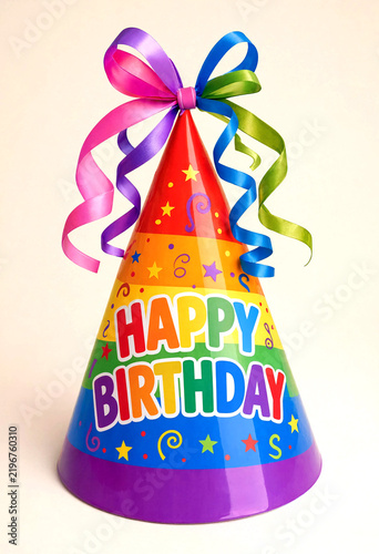 Colorful birthday party hat with decorative ribbons and bow isolated background