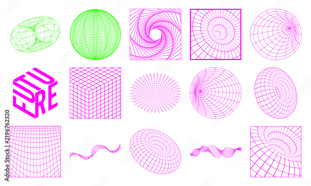 Fototapeta premium Abstract wireframe geometric shapes overlay PNG with futuristic retro grid lines isolated on transparent background