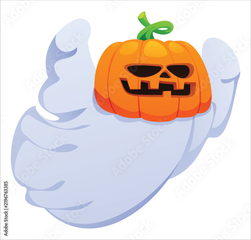 Ghost character with a jack o lantern pumpkin head for Halloween. Vector cartoon illustration