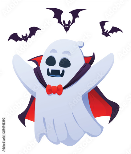 Cute vampire ghost character wearing a cape with fangs surrounded by flying bats. Vector cartoon illustration