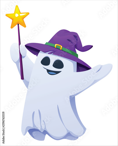 Wizard ghost character wearing a purple hat and waving a star magic wand for Halloween. Vector cartoon illustration