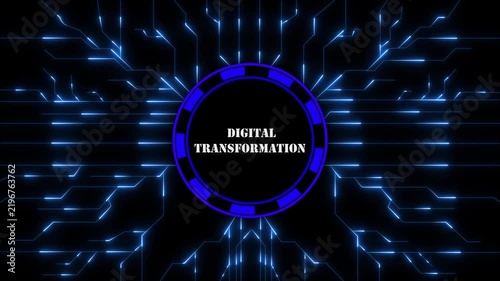 Digital transformation abstract concept with glowing circuit board background and text,4k animation motion graphics video. digital technology animation 4k motion video.