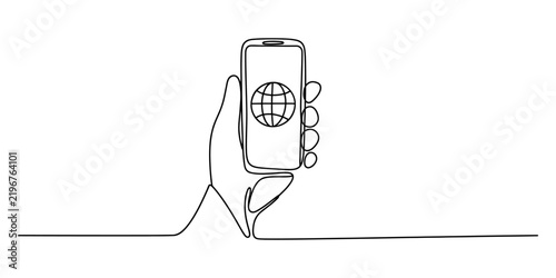 Continuous line drawing of a hand holding a mobile phone with a globe icon
