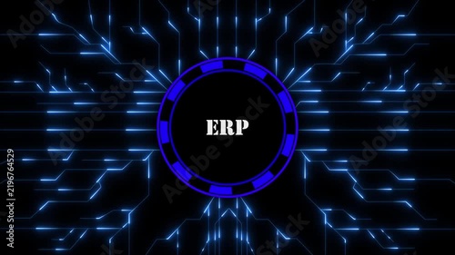 ERP Enterprise Resource Planning Concept with Futuristic HUD Interface, Digital Data Flow on Circuit Board and Technology,4k animation 4k motion vidwo.