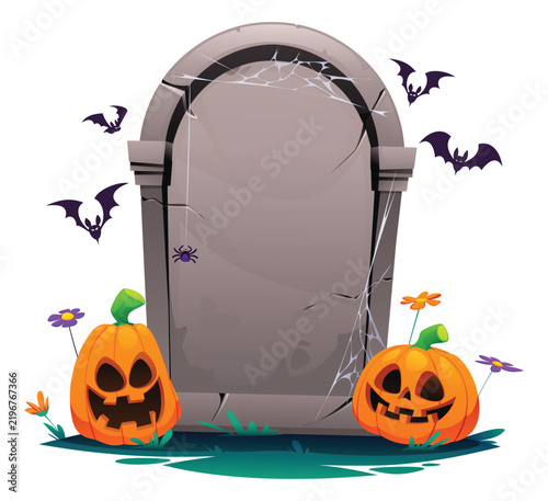 Spooky Halloween tombstone frame with jack o lanterns, spider, and bats. Vector cartoon illustration