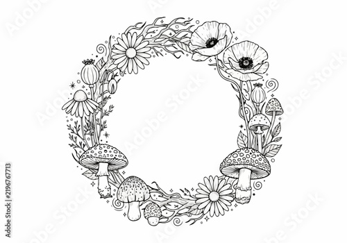 Whimsical floral wreath with mushrooms and poppies