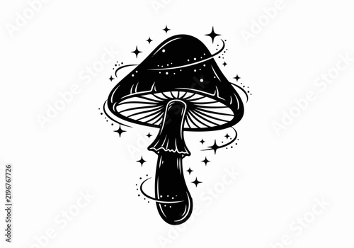Whimsical magic mushroom with cosmic sparkles