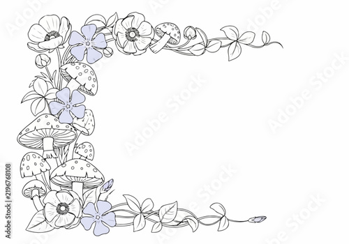 Hand drawn floral border with mushrooms and clovers