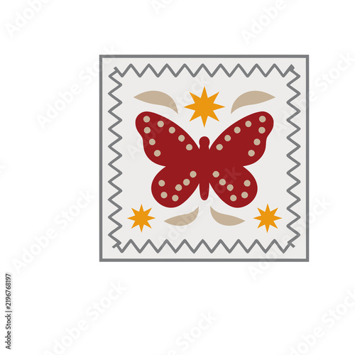 Red butterfly with dots on a square background