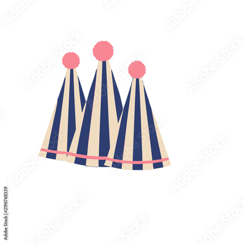 Three striped party hats with pink pom-poms