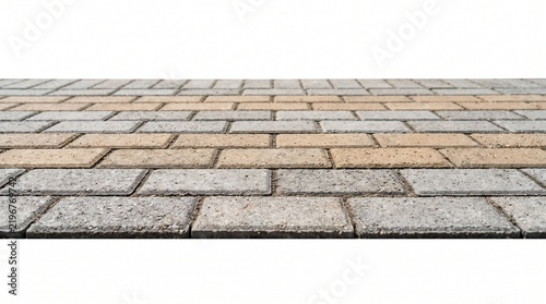 Brick patterned outdoor pavement floor tile texture in perspective view isolated on white background