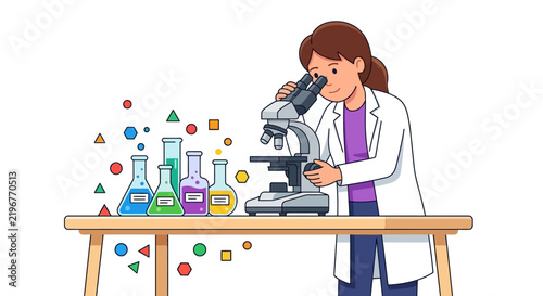 Female Scientist Looking Through Microscope in Laboratory with Chemical Beakers Vector Illustration for Science STEM Education Research Experiment