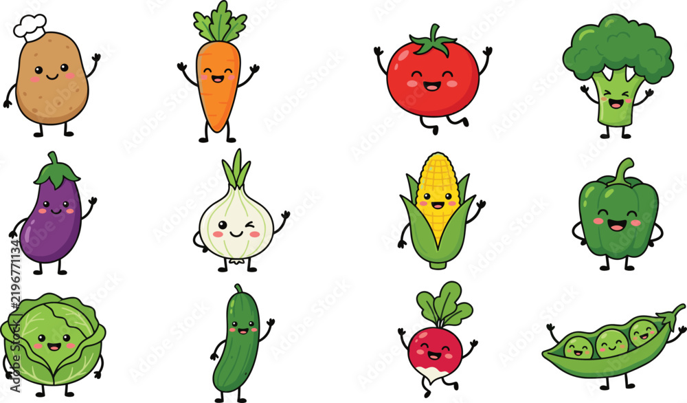 Obraz premium Cute Kawaii Vegetable Character Vector Set with Happy Smiling Faces for Kids Healthy Eating Promotion, Stickers, Nursery Art, and Educational Designs
