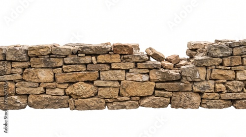 Stacked stone wall with a broken gap isolated on white background for architectural design