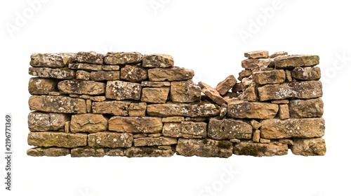 Weathered stacked stone wall featuring a central gap isolated on clean white background