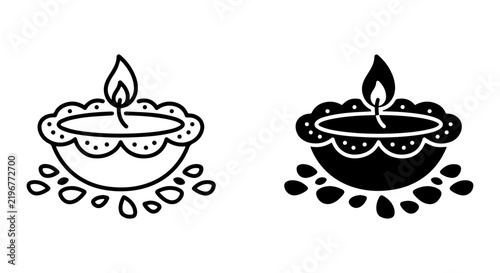 Diya Lamp Icons, Diwali Festival Oil Lamp Vector Graphics, Traditional Indian Celebration Light Symbol