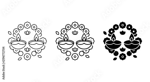 Diwali Diyas and Flowers Vector Icons, Festive Indian Celebration Symbols, Traditional Lighting Elements