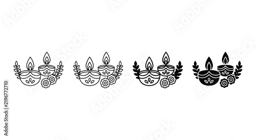 Diwali Lamps Vector Set, Indian Festival Lights Icons, Decorative Oil Lamp Graphics