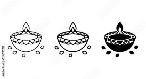 Diwali Diya Icons, Traditional Oil Lamp Vector Set, Festive Celebration Symbols