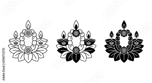 Diwali Lamps Vector Set, Traditional Indian Oil Lamps, Decorative Floral Ornaments, Festive Celebration Graphics