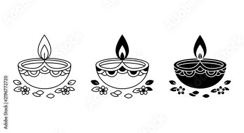 Diwali Diya Icons, Traditional Oil Lamps, Festive Indian Celebration Vector Set