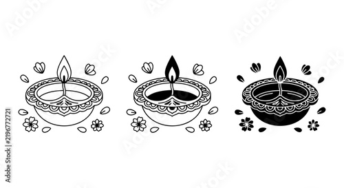 Diwali Lamps, Traditional Oil Lamps, Decorative Elements, Festive Vector Icons
