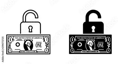 Unlock Money Icon, Open Lock Dollar Bill, Financial Security Vector Set