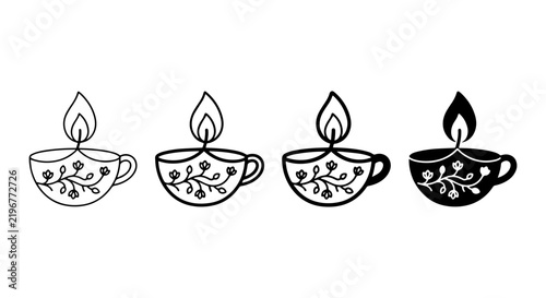 Diwali Lamps, Cup Oil Lamps, Decorative Candle Holders, Festive Vector Icons