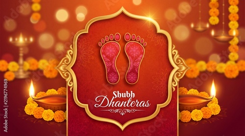 Shubh Dhanteras Greeting with Sacred Lakshmi Footprints, Swastik Symbol and Diya Lamps on Festive Red Background