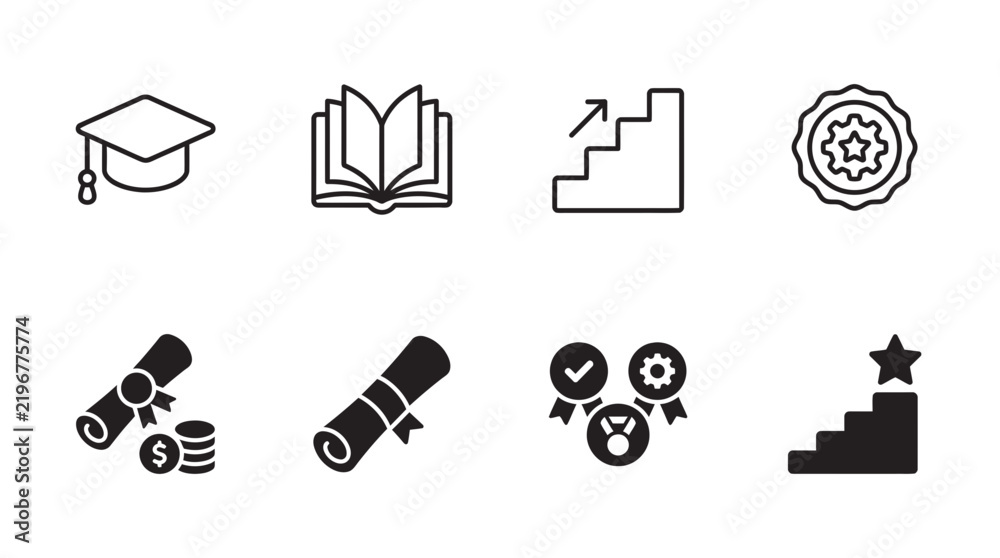 Fototapeta premium Educational and achievement icons depicting graduation and career progression with education graduation achievement