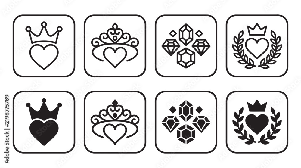 Fototapeta premium Set of luxury crown heart and gemstone icons in outline and solid black styles with gemstone princess precious