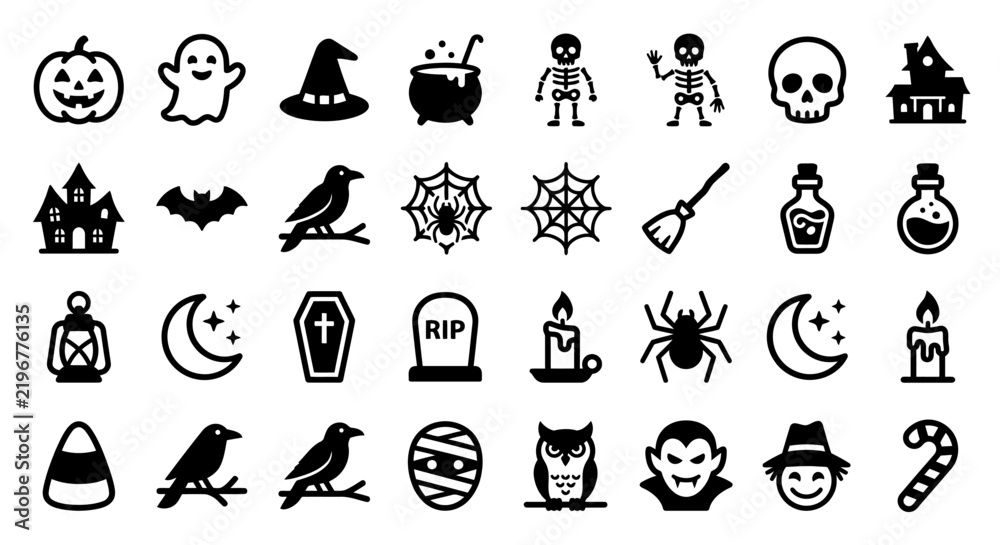 Fototapeta premium Minimalist Halloween Festival Icon Set – Bold Black Vector Symbols