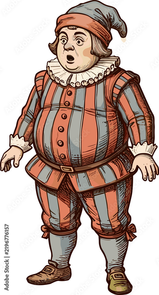 Obraz premium Surprised Jester in Colorful Costume: A plump jester with a startled expression wears a vibrantly striped costume and a jester's hat, showcasing a classic theatrical character.