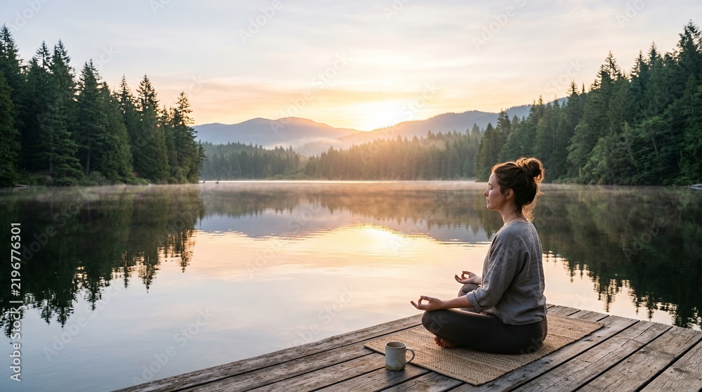 Fototapeta premium Woman meditating peacefully by a serene lake at sunrise surrounded by pine trees.