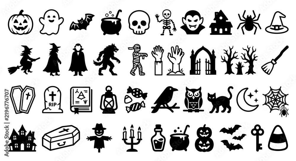 Fototapeta premium Minimalist Halloween Festival Icon Set – Bold Black Vector Symbols